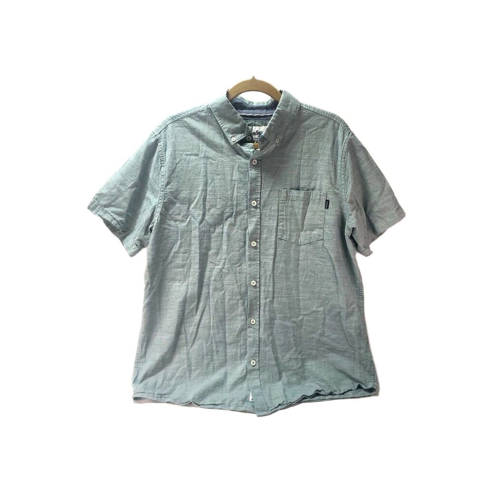 Y2K Hurley Slub Button Down Shirt Size L Heathered‎ teal Blue Short Sleeve Beach